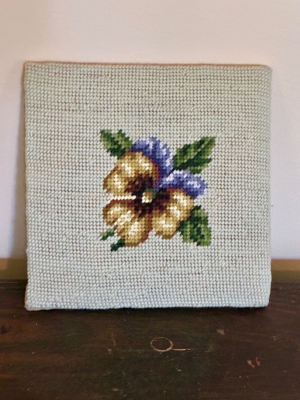 Handmade Cross Stitch Floral Pansy mounted